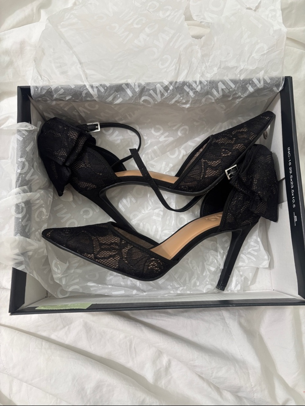 INC International Concepts Black Lace Pointed-Toe Stiletto Heels with Bow Strap